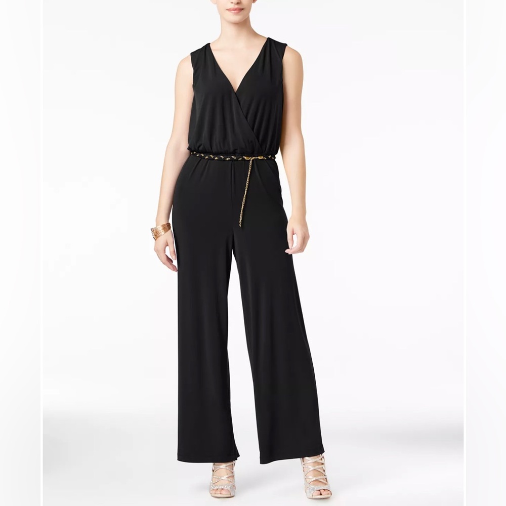 Thalia Sodi Women’s Dressy Sleeveless Tie-Waist V-Neck Jumpsuit, Black, Size XL